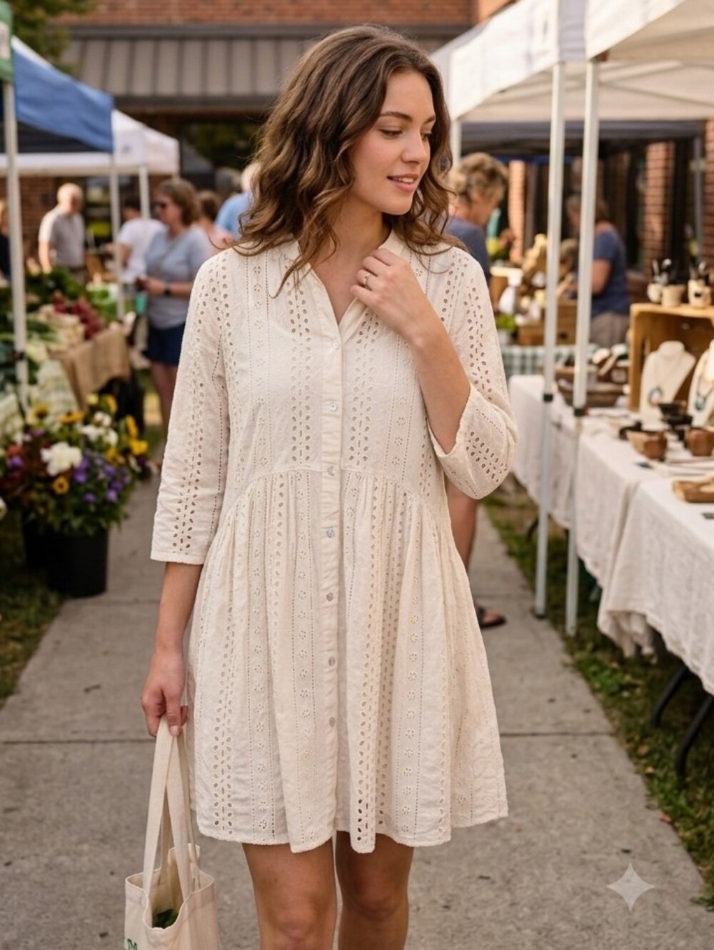 Only Women's Boho Babydoll Cottagecore Cream Eyelet Button Down Dress Size Small